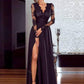 Black Striking V-Neck Chiffon A-Line High Split Prom Evening Formal Dress