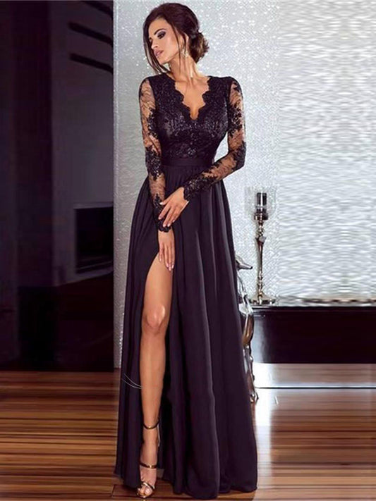 Black Striking V-Neck Chiffon A-Line High Split Prom Evening Formal Dress