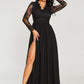 Black Striking V-Neck Chiffon A-Line High Split Prom Evening Formal Dress