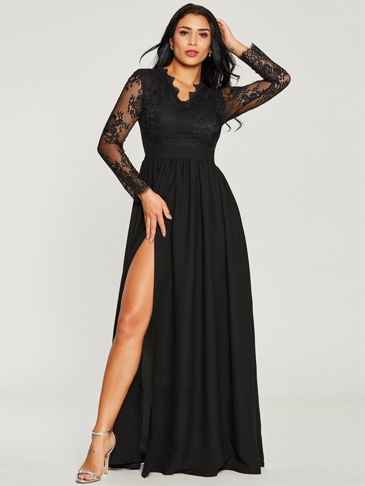 Black Striking V-Neck Chiffon A-Line High Split Prom Evening Formal Dress