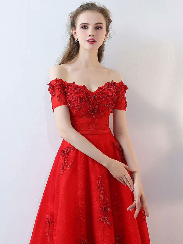 Red Off The Shoulder Lace Flowers Beading Cocktail Party Dress