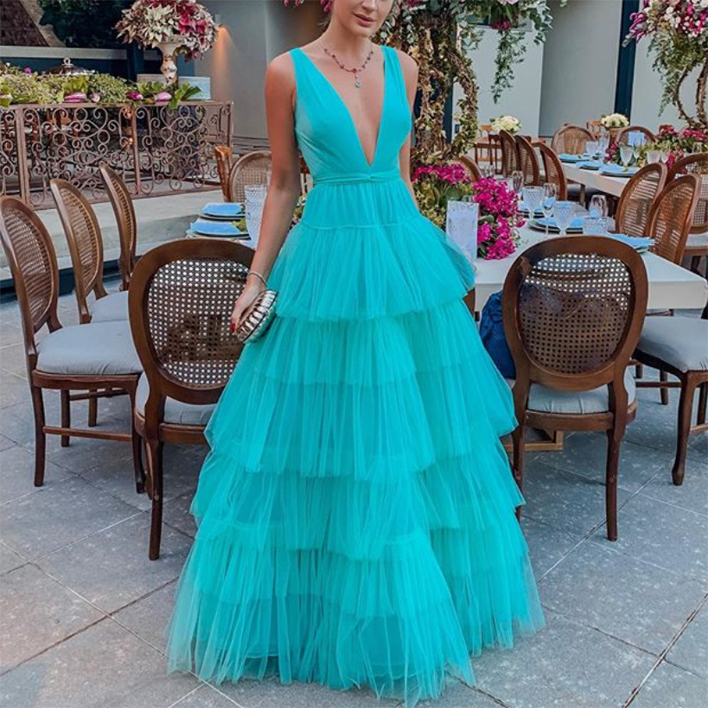 Tulle Tiered Spaghetti Straps Long Prom Dress