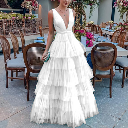 Tulle Tiered Spaghetti Straps Long Prom Dress