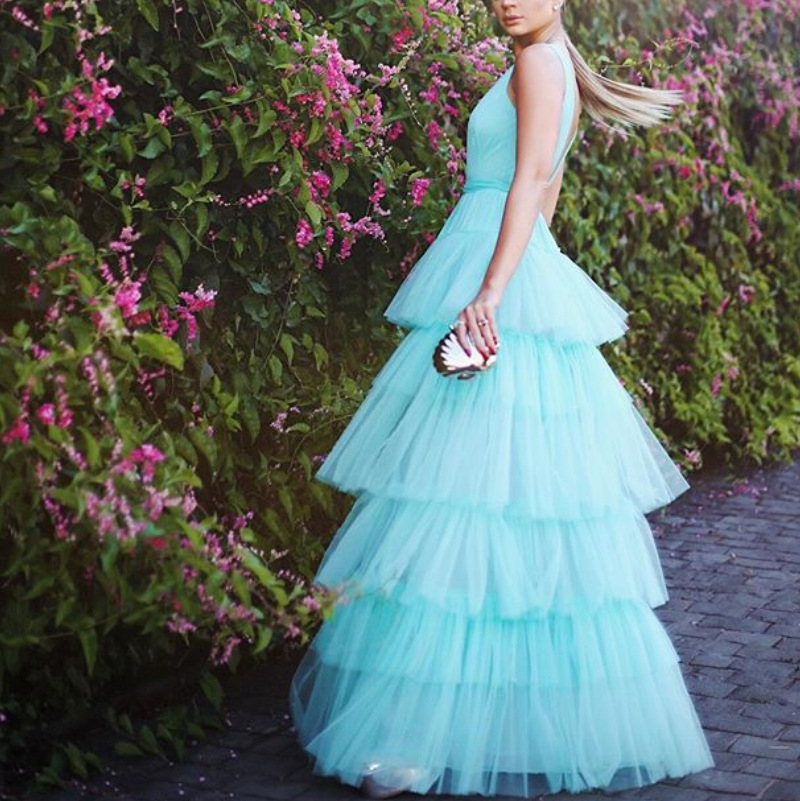 Tulle Tiered Spaghetti Straps Long Prom Dress