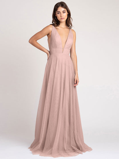 Deep V-Neck Sleeveless A-Line Zipper Pleated Tulle Party Dress