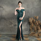 Off-Shoulder V-Neck Beading High Split Cap Sleeves Prom Evening Formal Dress