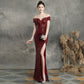 Off-Shoulder V-Neck Beading High Split Cap Sleeves Prom Evening Formal Dress