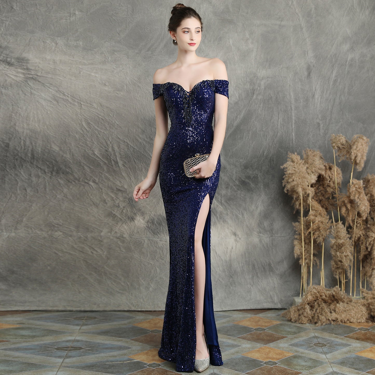 Off-Shoulder V-Neck Beading High Split Cap Sleeves Prom Evening Formal Dress