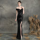 Off-Shoulder V-Neck Beading High Split Cap Sleeves Prom Evening Formal Dress