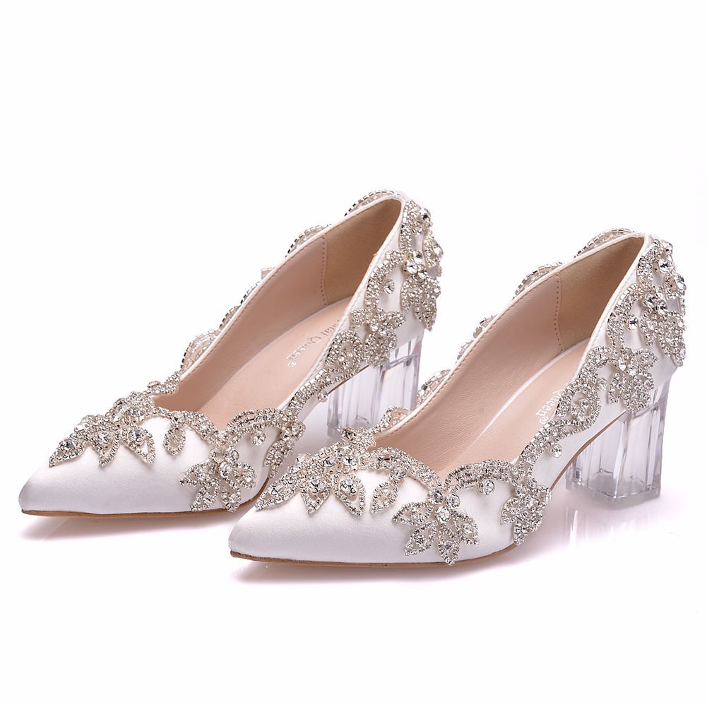 White Rhinestone Flowers Wedding Pumps Clear Chunky Heels Party Shoes