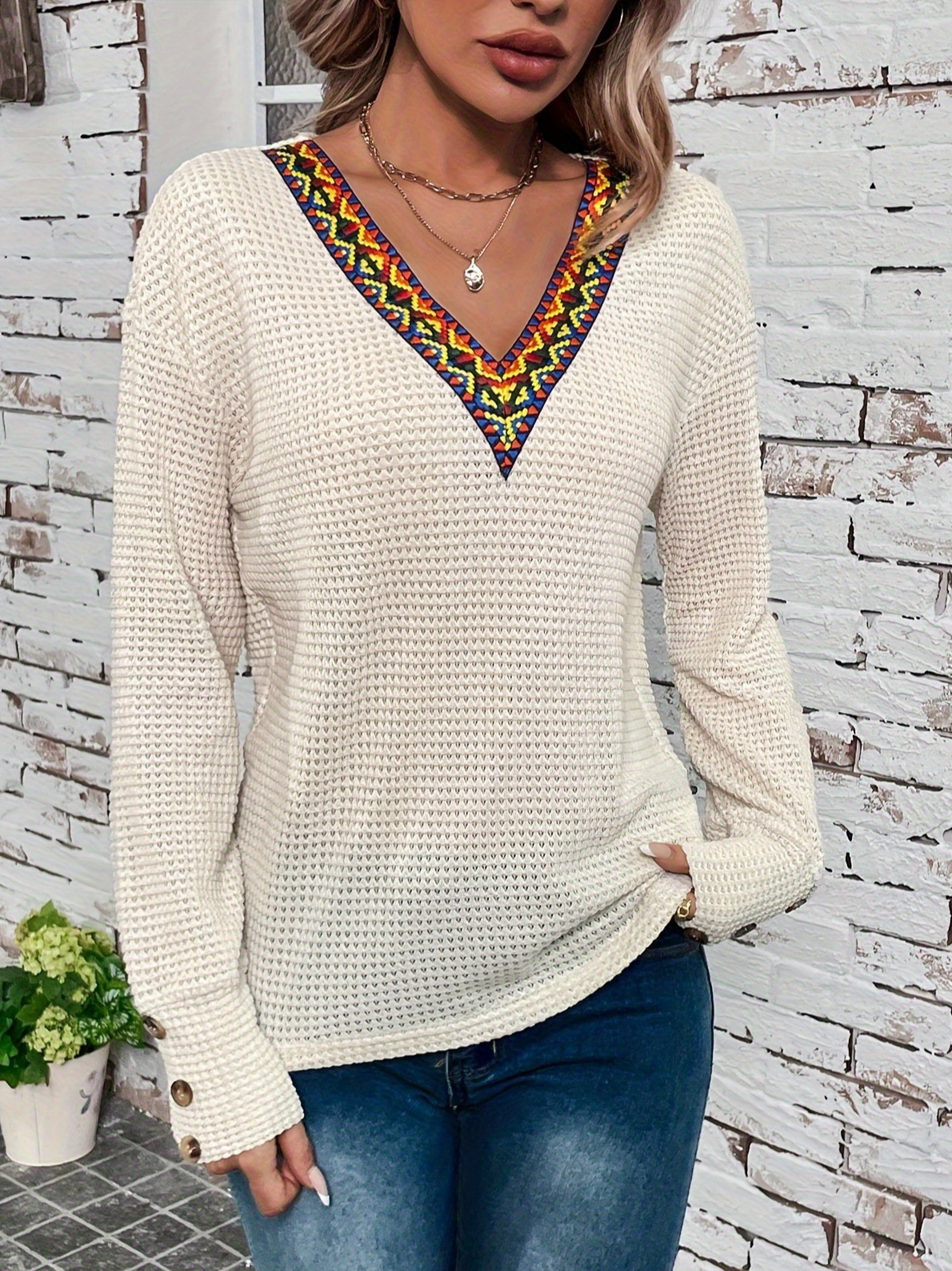 V Neck Long Sleeve Plain Sweatshirt