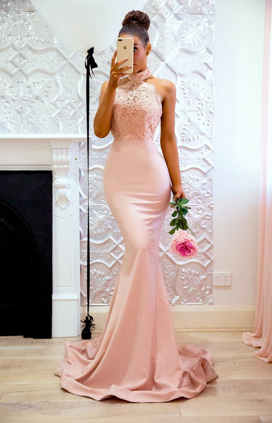 Lace Mermaid Halter Open Back Bridesmaid Dress