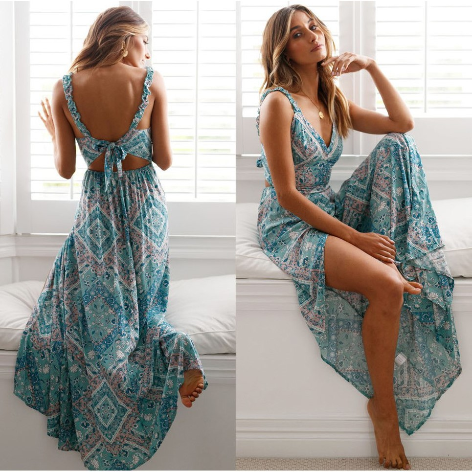 Boho Printed Backless Maxi Dress