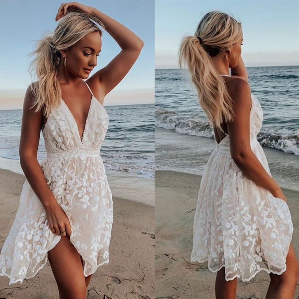 White Sleeveless Lace Summer Mini Dress