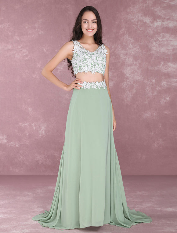 Light Green Chiffon Lace Applique Two-Piece Prom Dress