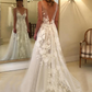 Lace Applique Deep V Neck Sleeveless Wedding Dress