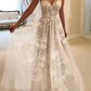 Lace Applique Deep V Neck Sleeveless Wedding Dress