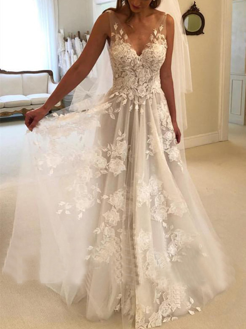 Lace Applique Deep V Neck Sleeveless Wedding Dress