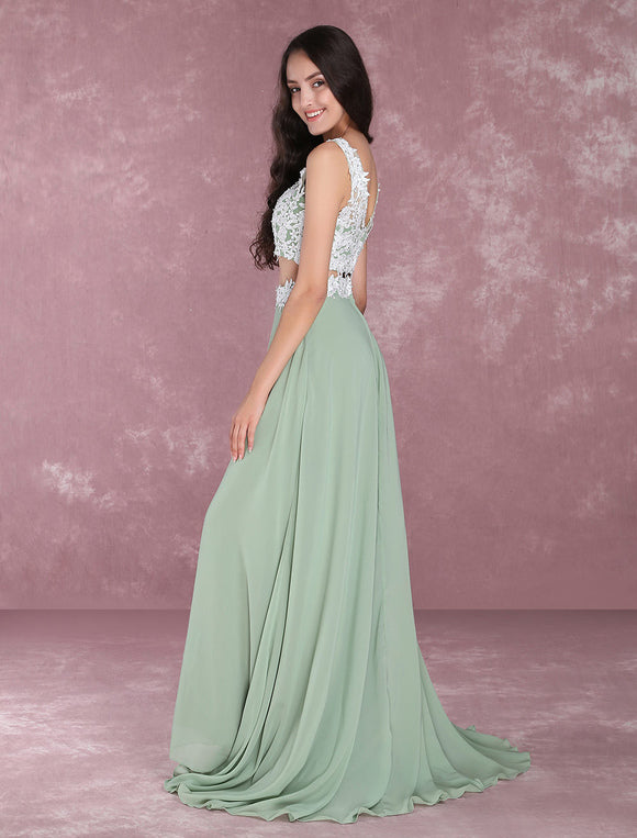 Light Green Chiffon Lace Applique Two-Piece Prom Dress