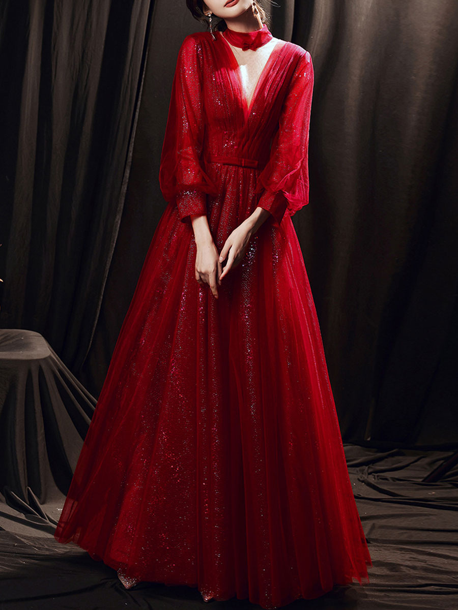 Dark Red Deep V Neck Long Puff Sleeves Prom Dress