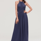 A-Line Steel Blue Halter Neck Backless Maxi Bridesmaid Dress