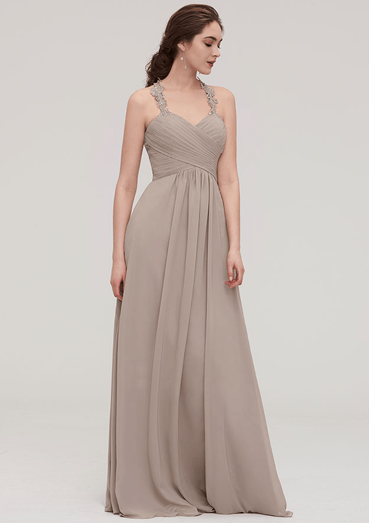 A-Line Wheat Sleeveless Pleated Maxi Bridesmaid Dress