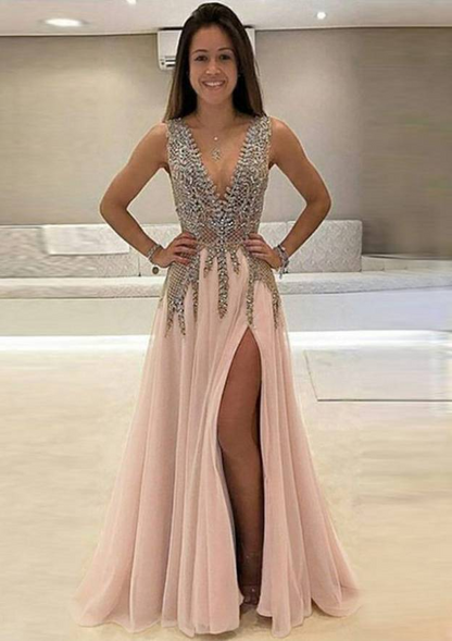 Papaya Whip Appliqued Beaded Long Prom Dress