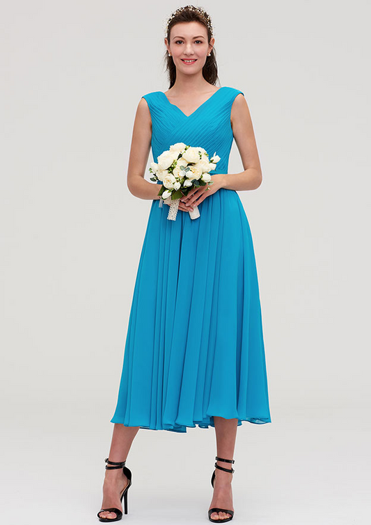 Dodger Blue V Neck Sleeveless Short Bridesmaid Dress