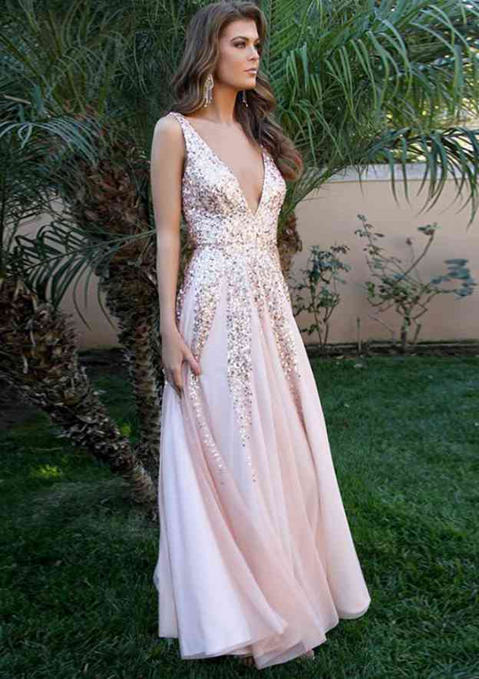 Sequin Papaya Whip V Neck Sleeveless Long Prom Dress