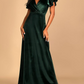 Dark Green V Neck Deep Back Short Sleeves Bridesmaid Dress