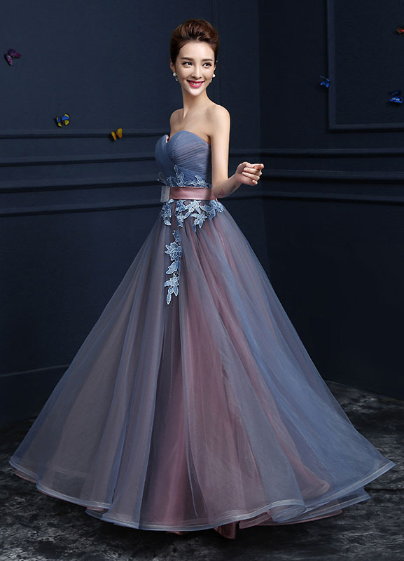 Steel Blue A-Line Applique Strapless Sleeves Prom Dress