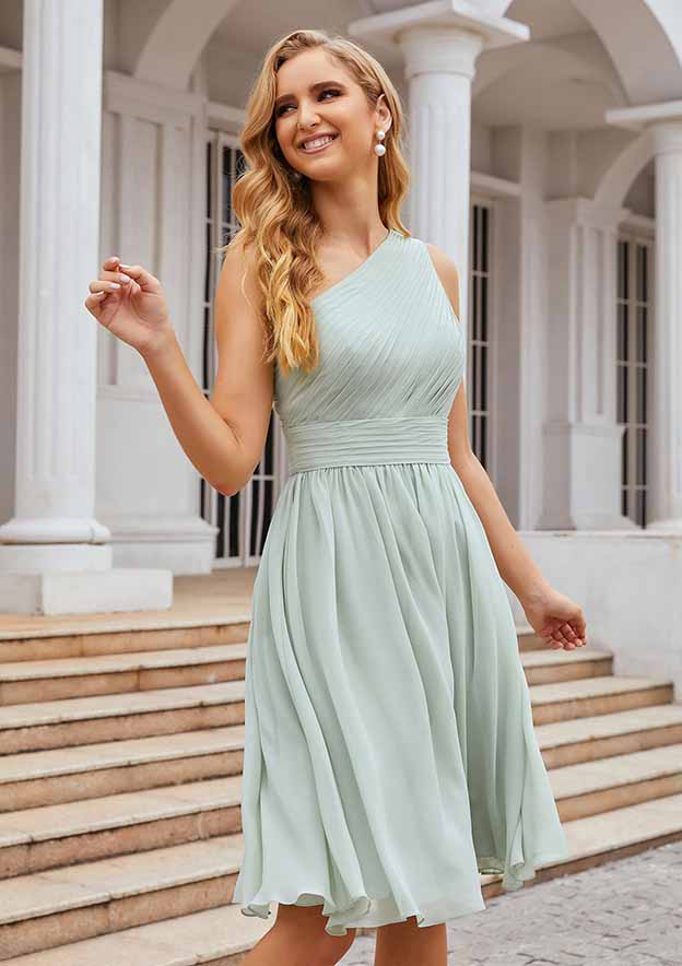 Honey Dew Oblique Shoulder Sleeveless Short Bridesmaid Dress