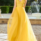 Yellow Lace Deep V Neck Sleeveless Backless Prom Dress