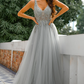 Beaded Gray V Neck Sleeveless Long Prom Dress