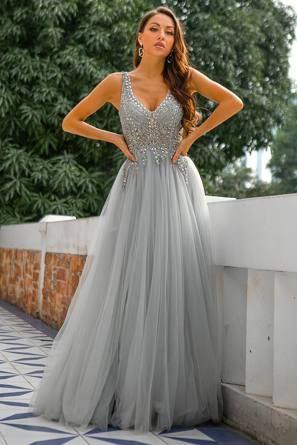 Beaded Gray V Neck Sleeveless Long Prom Dress