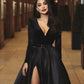 Satin Deep V-Neck Long Sleeves Floor Length Prom Party Dress