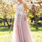 Peach Puff Appliqued Sleeveless Long Prom Dress