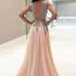 Papaya Whip Appliqued Beaded Long Prom Dress