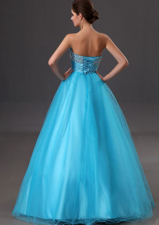 Deep Blue Beaded Strapless Sleeveless Lace Up Back Prom Dress