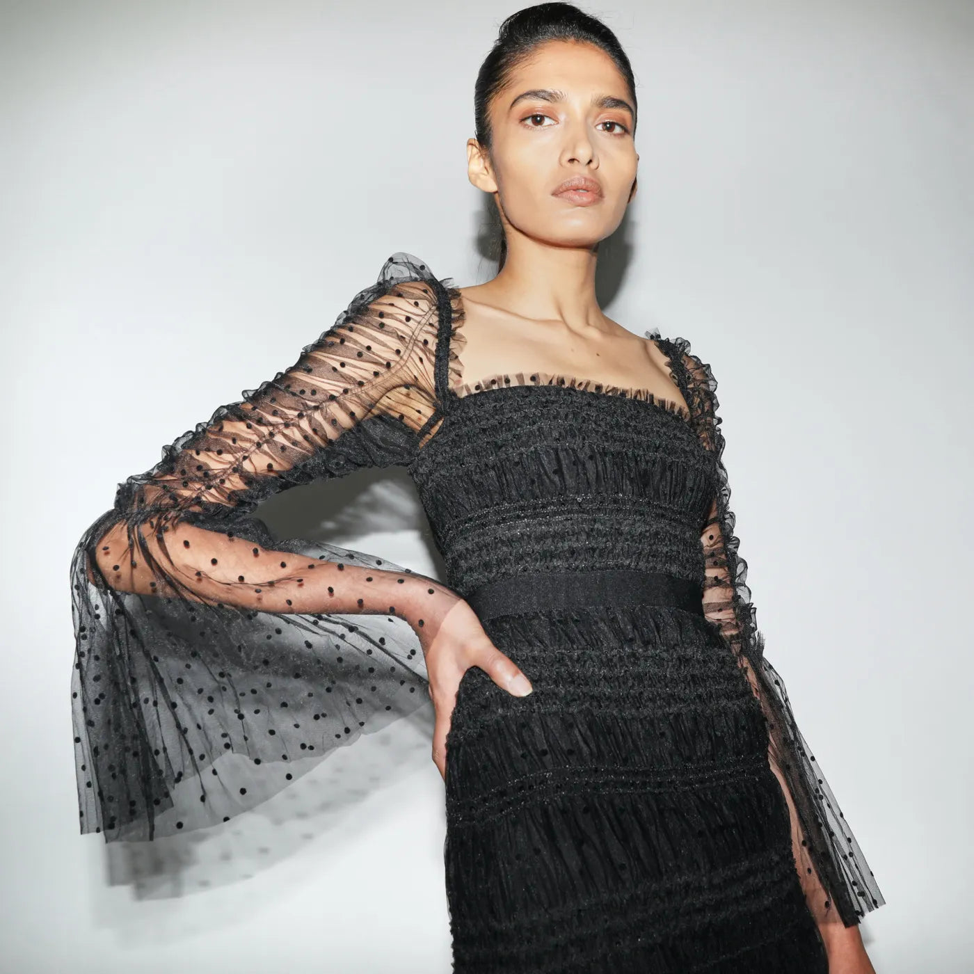 Black Mesh Trumpet Sleeves Square Neck Evening Dress