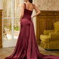 Dark Red Satin Sequin One-Shoulder Sleeveless Split Evening Dress