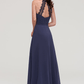 A-Line Steel Blue Halter Neck Backless Maxi Bridesmaid Dress