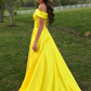 Yellow Satin Off-Shoulder Sleeveless Brush Train Prom Dress