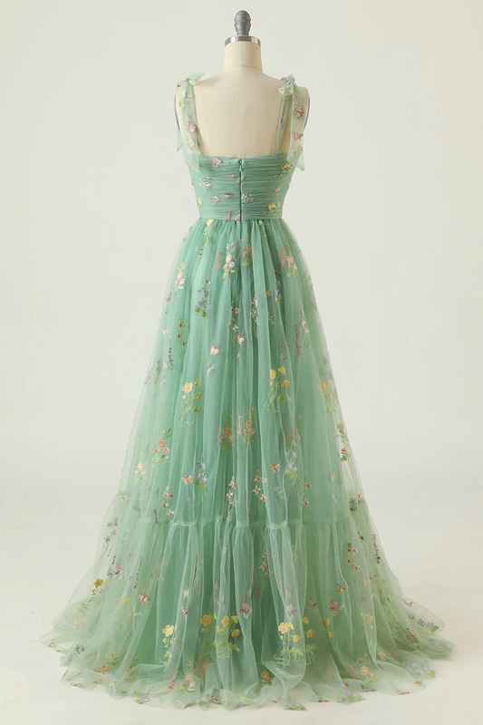 Green Embroidered Sleeveless Long Prom Dress