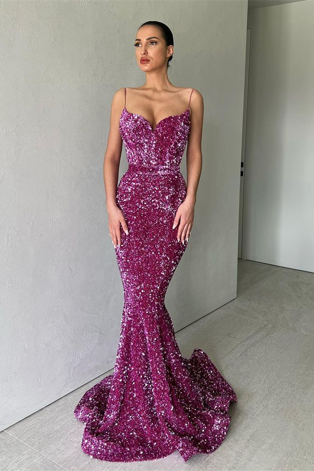 Sequin Spaghetti Strap Long Mermaid Evening Dress