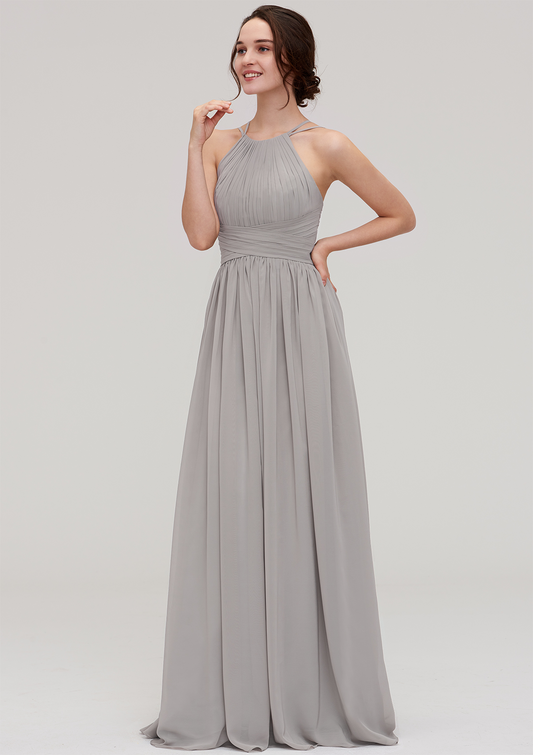 Silver Hanging Neck Sleeveless Maxi Bridesmaid Dress