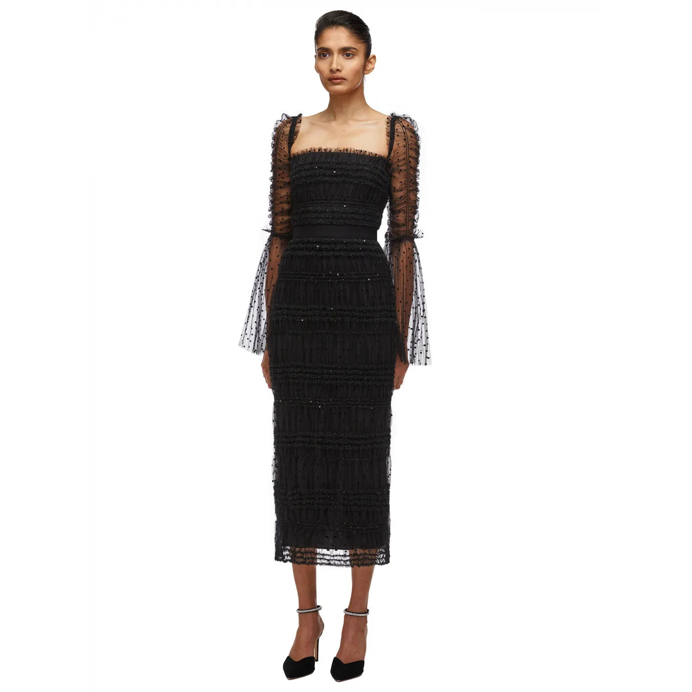 Black Mesh Trumpet Sleeves Square Neck Evening Dress