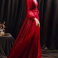 Dark Red Deep V Neck Long Puff Sleeves Prom Dress