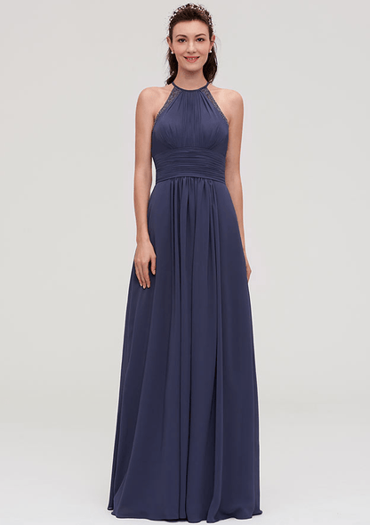 A-Line Steel Blue Halter Neck Backless Maxi Bridesmaid Dress