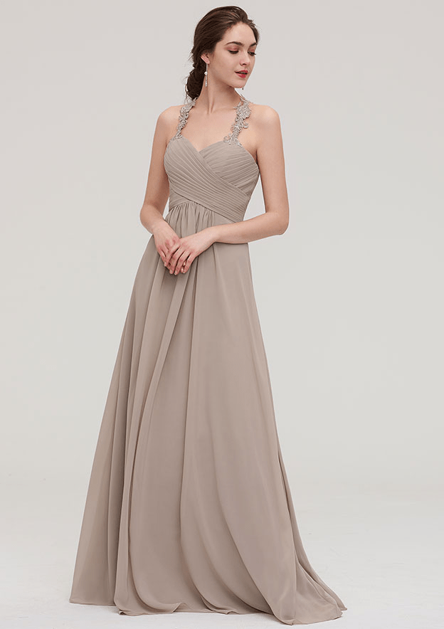 A-Line Wheat Sleeveless Pleated Maxi Bridesmaid Dress